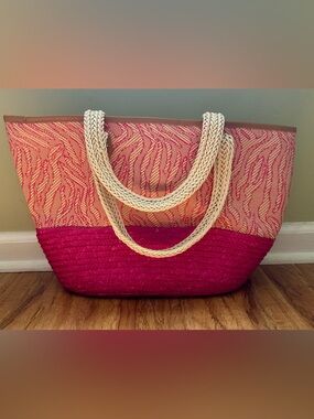 Magid Pink Two-Tone Straw Tote with Cream Braided Handles